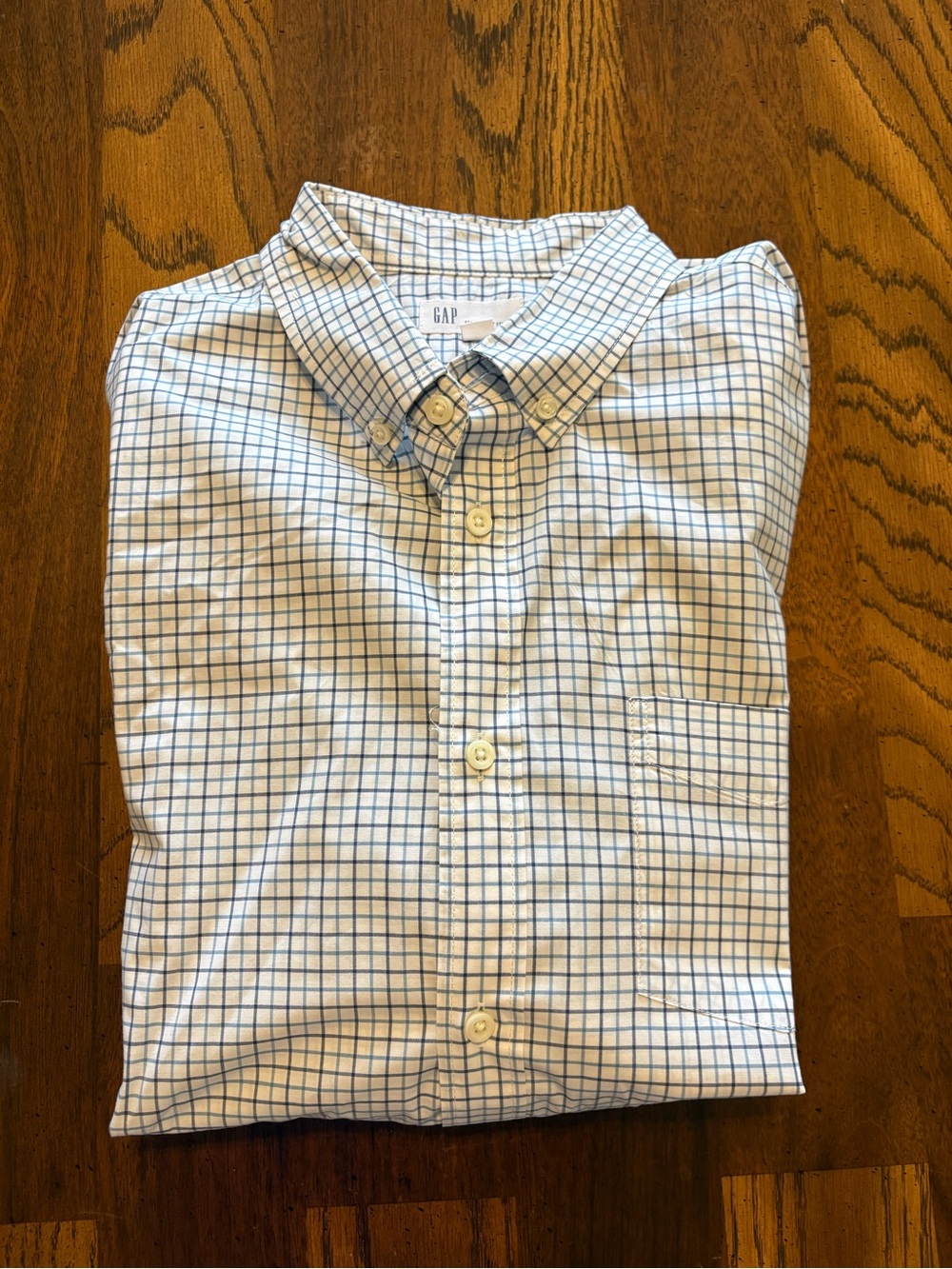 GAP Men’s White Button-Down Shirt with Blue Windowpane Grid